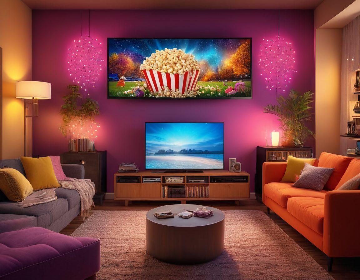 A glowing TV screen radiating vibrant colors, surrounded by an array of entertainment elements like popcorn, film reels, and musical notes. Include a cozy living room atmosphere with plush seating and soft lighting to enhance relaxation. The scene should evoke warmth and excitement, inviting viewers to immerse themselves in entertainment. super-realistic. vibrant colors. warm lighting.