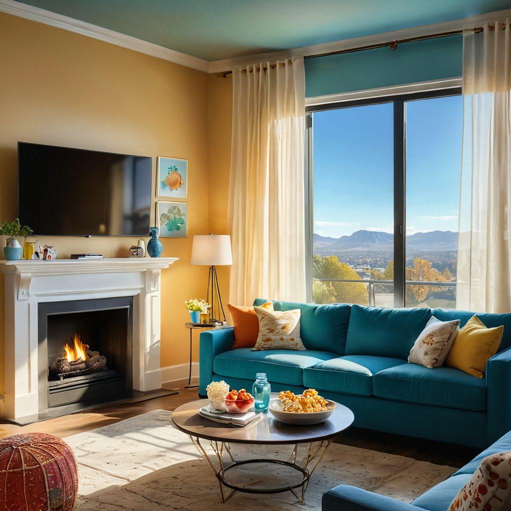 A cozy living room with a plush sofa, a large TV displaying a colorful array of streaming icons, and a bowl of popcorn on a coffee table. Sunlight filtering through sheer curtains, casting a warm glow, with playful, whimsical decorations on the walls. A crystal-clear blue sky visible through the window hints at joy and relaxation. super-realistic. vibrant colors. warm lighting.